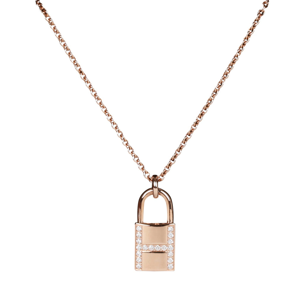 Hermes Amulettes Cadenas Pendant Necklace Diamonds & 18k Rose Gold