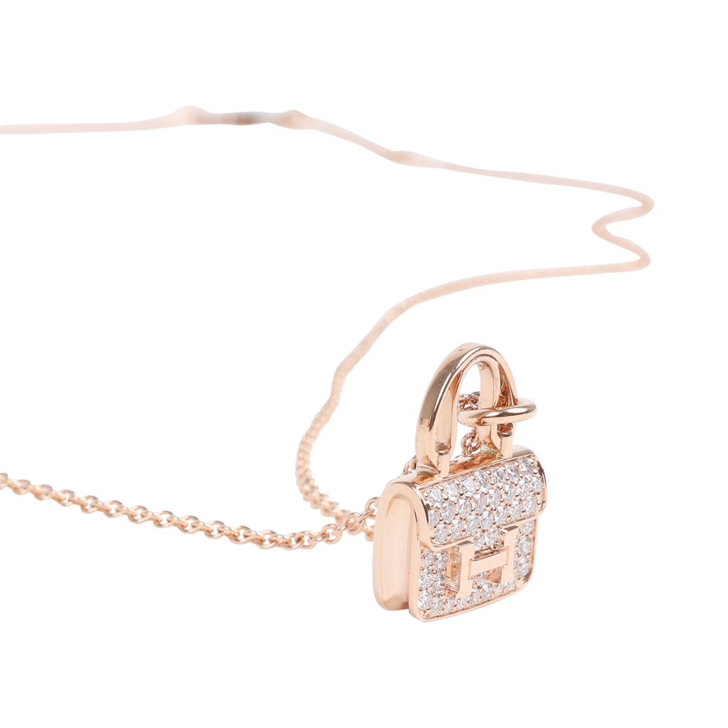 Hermes Amulettes Constance Pendant Necklace Diamonds 18K Rose Gold Hardware
