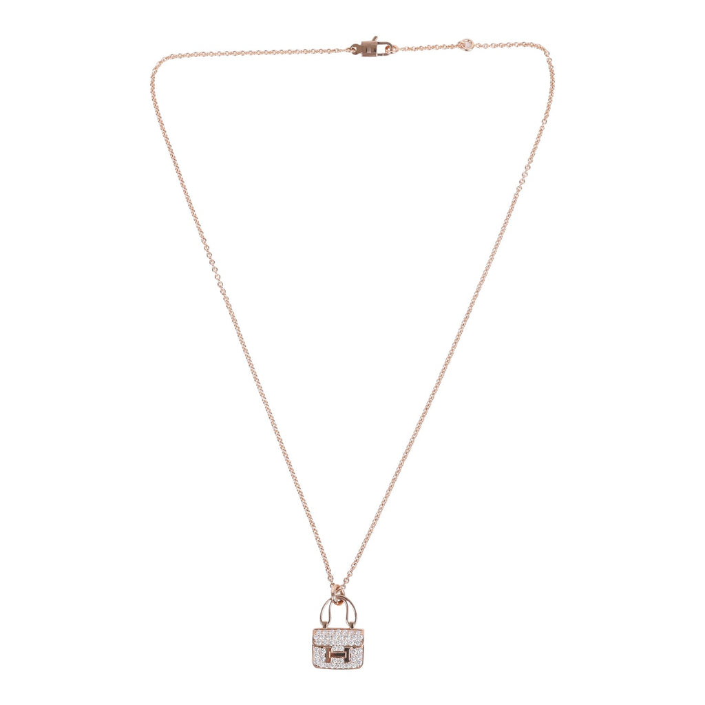Hermes Amulettes Constance Pendant Necklace Diamonds 18K Rose Gold Hardware