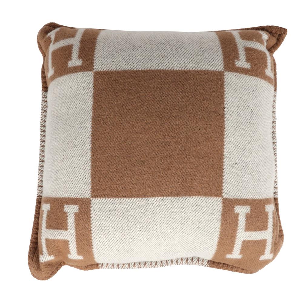 Hermes "Avalon" Signature H Cushion PM Ecru And Camel Set