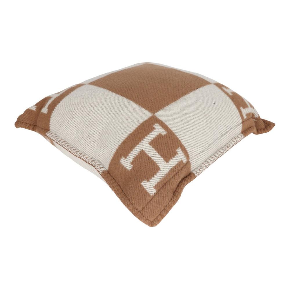 Hermes "Avalon" Signature H Cushion PM Ecru And Camel Set