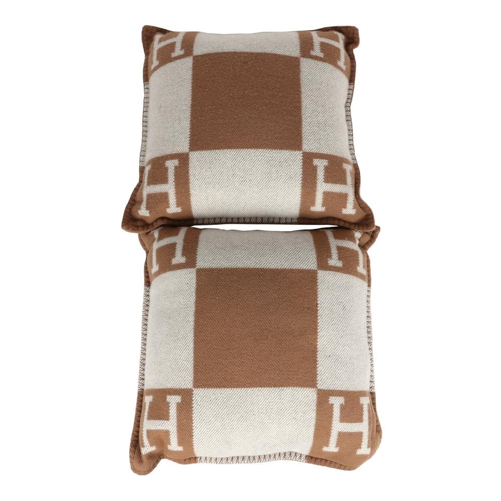 Hermes "Avalon" Signature H Cushion PM Ecru and Camel Set