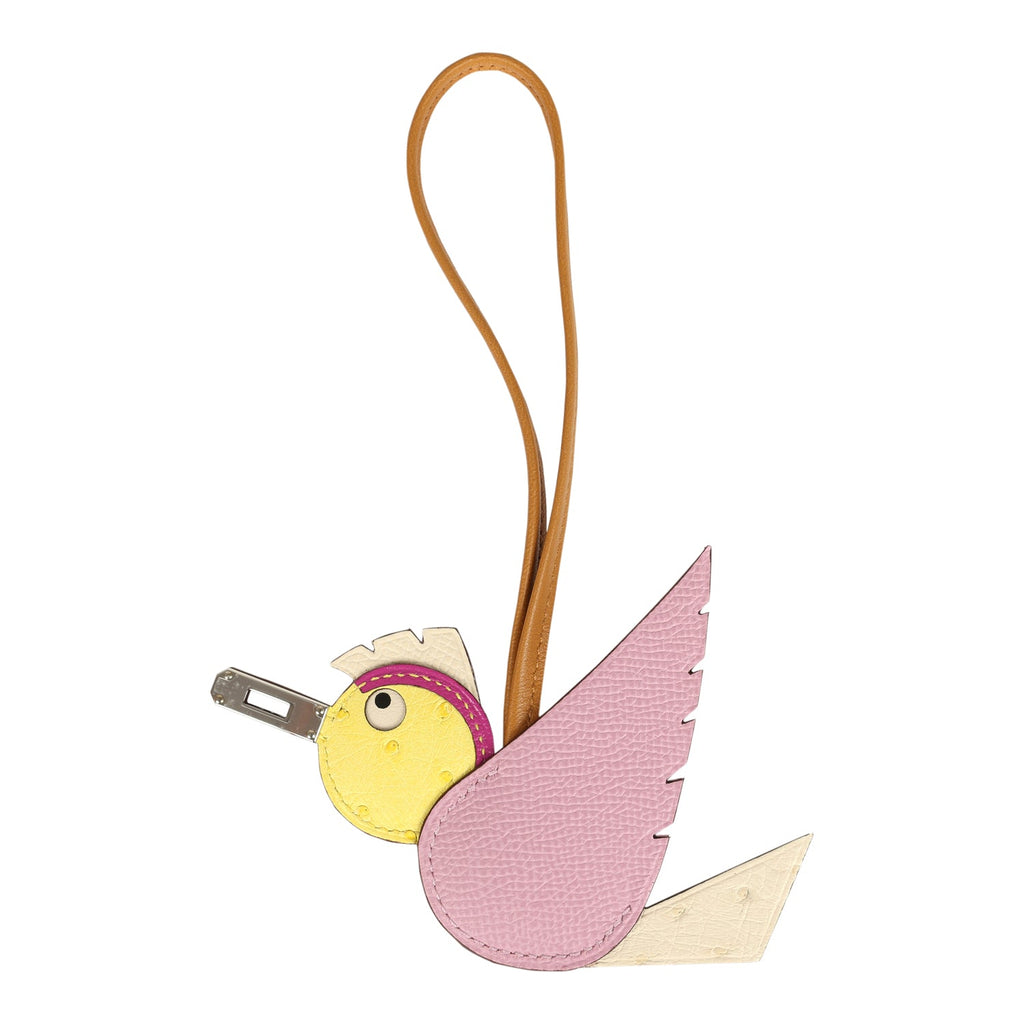 Hermes Birdy Charm Mauve Sylvestre Nata Jaune Citron Sesame and Magnolia Epsom Ostrich Chevre Mysore and Swift Palladium Hardware