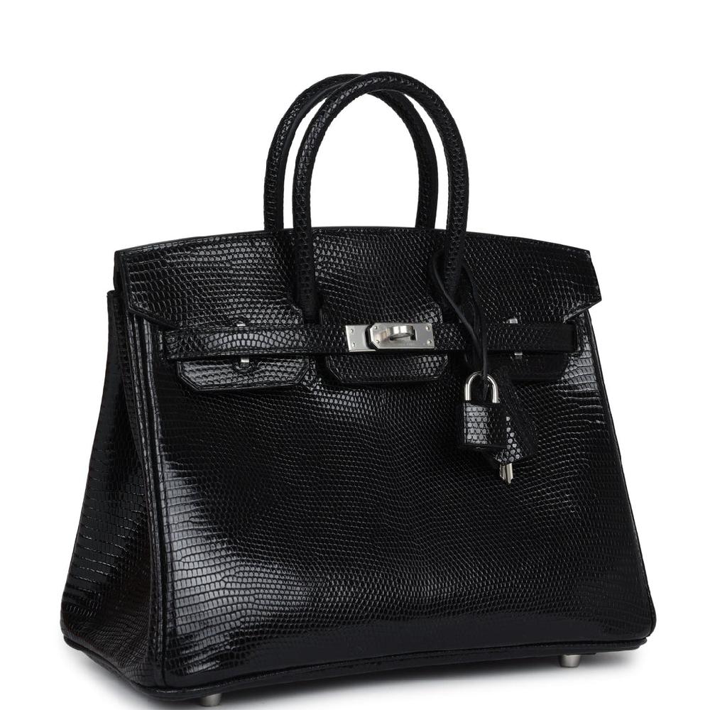 Hermes Birkin 25 Black Shiny Varanus Niloticus Lizard Palladium Hardware
