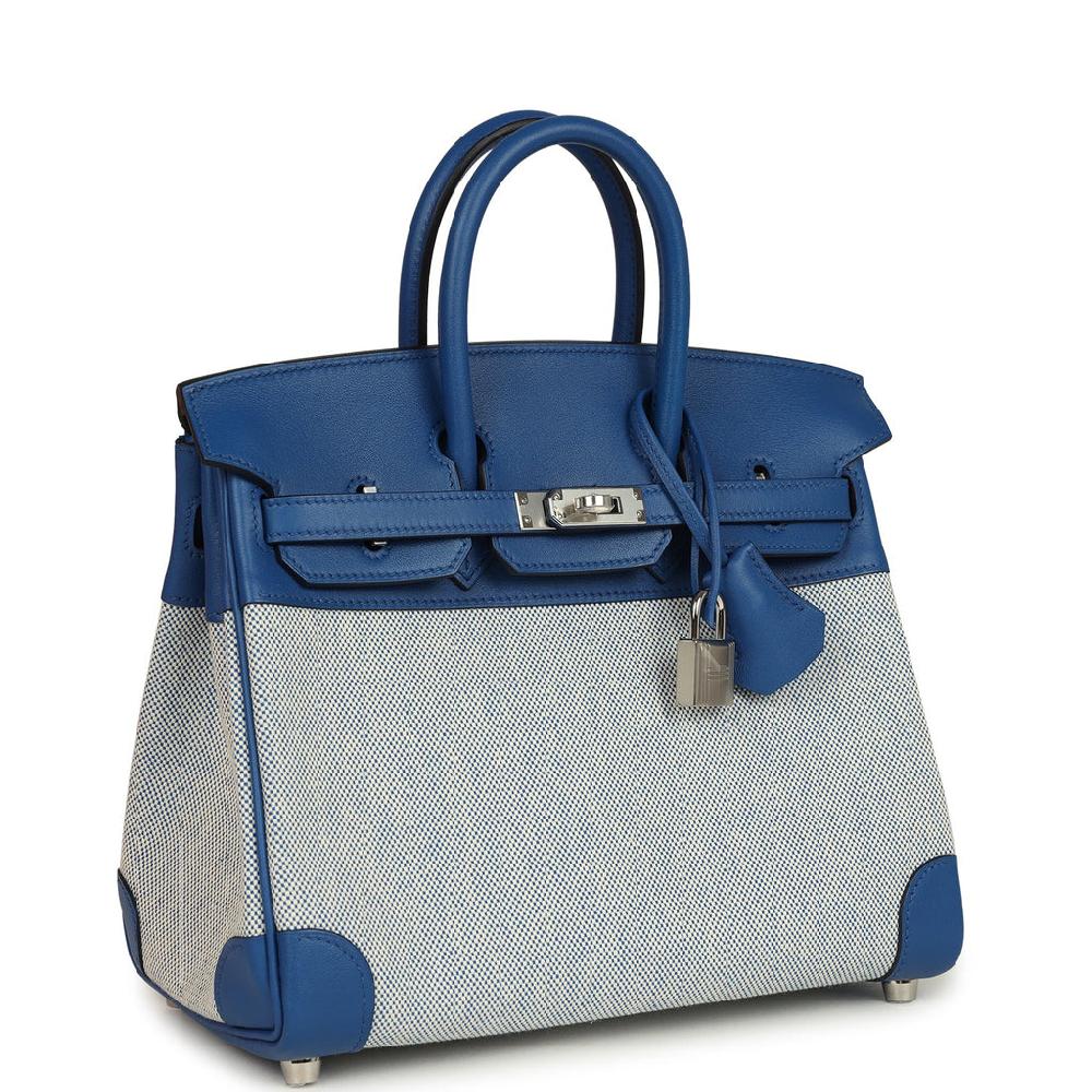 Hermes Birkin 25 Bleu France Swift And Bleu Bill-Ecru Toile H Canvas Palladium Hardware