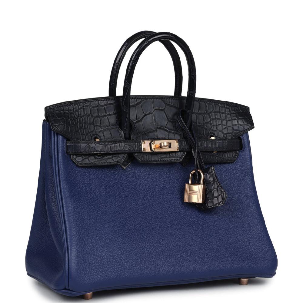 Hermes Birkin 25 Bleu Saphir Taurillion Novillo And Bleu Marine Matte Alligator Touch Rose Gold Hardware