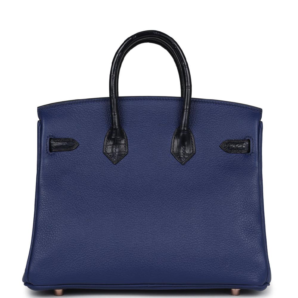 Hermes Birkin 25 Bleu Saphir Taurillion Novillo And Bleu Marine Matte Alligator Touch Rose Gold Hardware