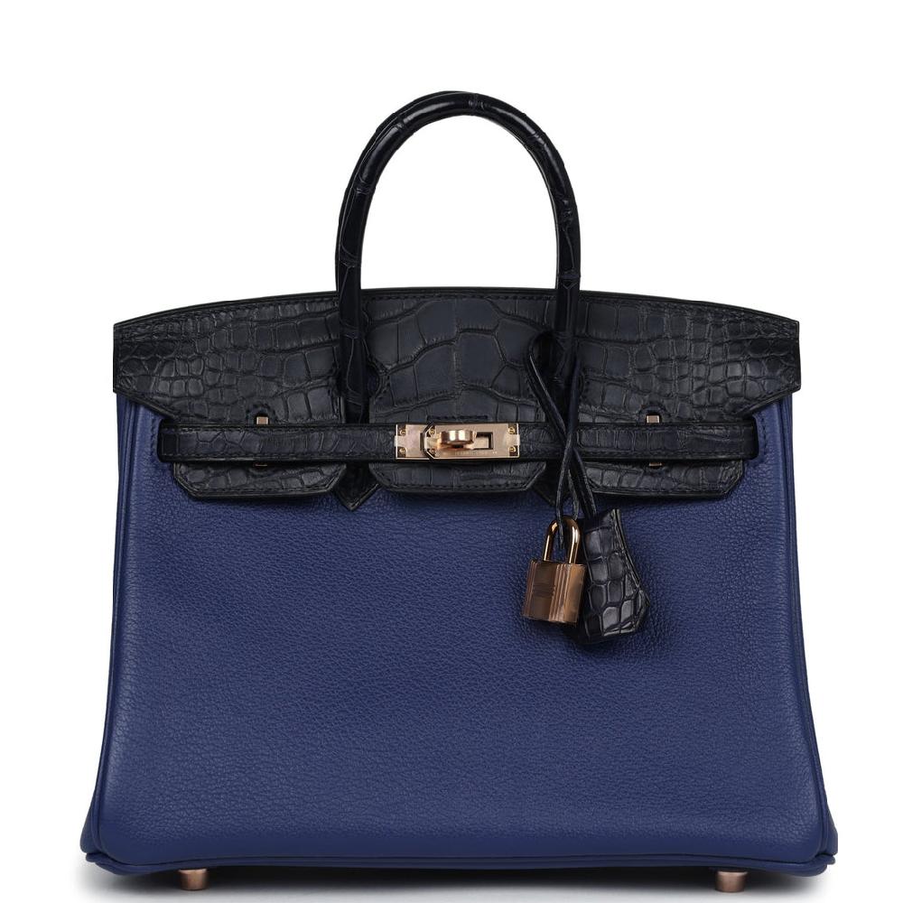Hermes Birkin 25 Bleu Saphir Taurillion Novillo and Bleu Marine Matte Alligator Touch Rose Gold Hardware