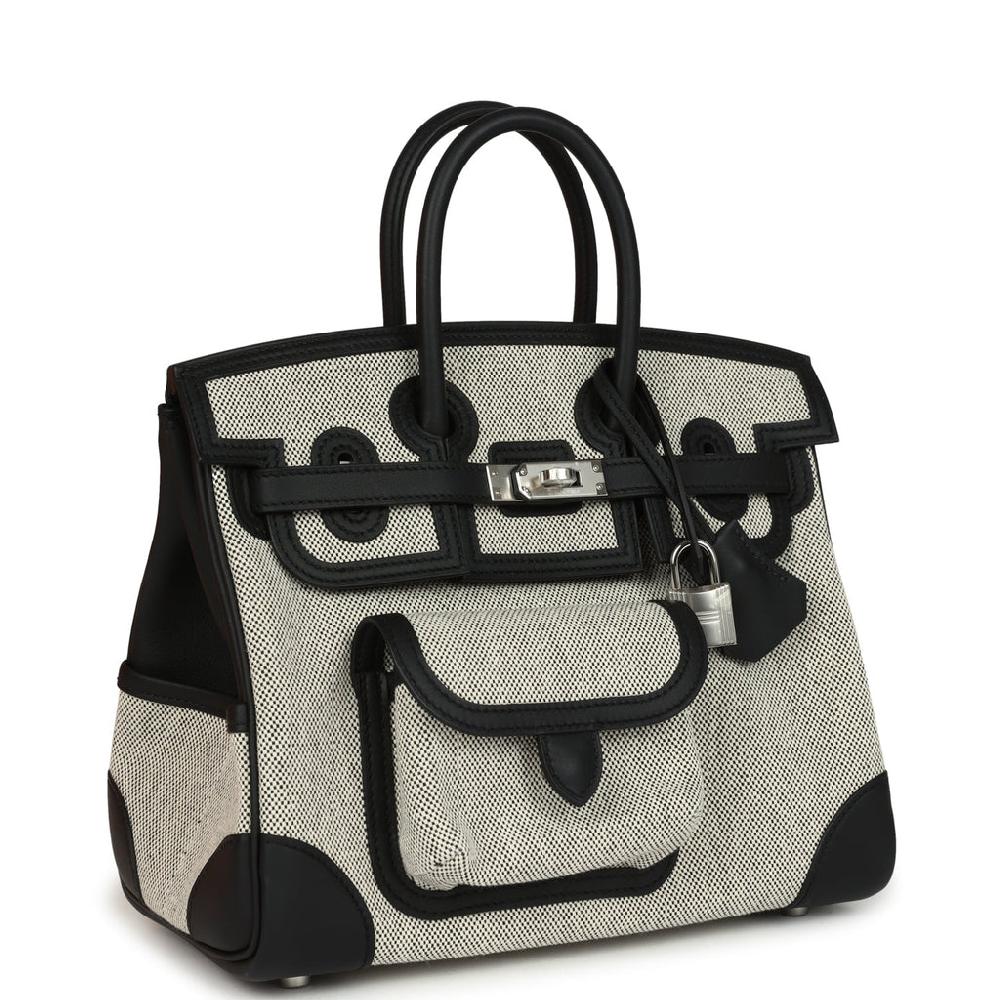 Hermes Birkin 25 Cargo Ecru-Black Toile H Canvas And Black Swift Palladium Hardware