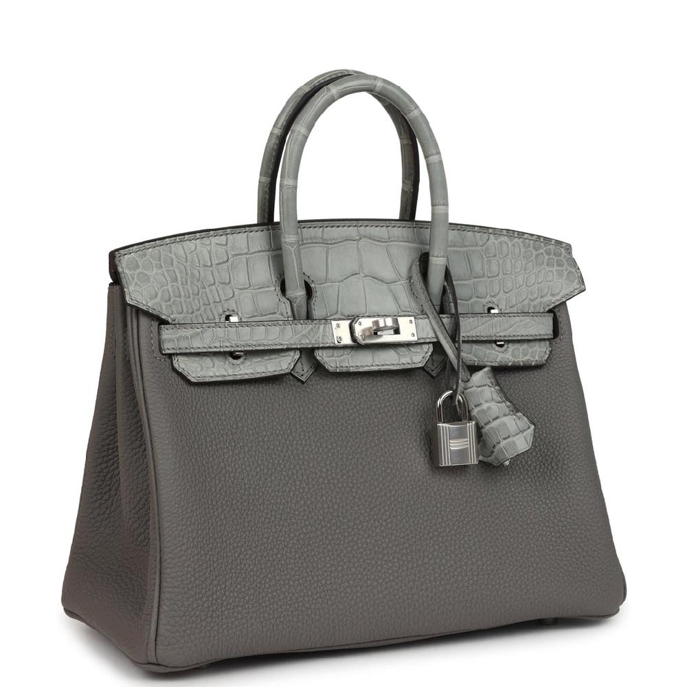 Hermes Birkin 25 Gris Meyer Togo And Gris Ciment Matte Alligator Touch Palladium Hardware