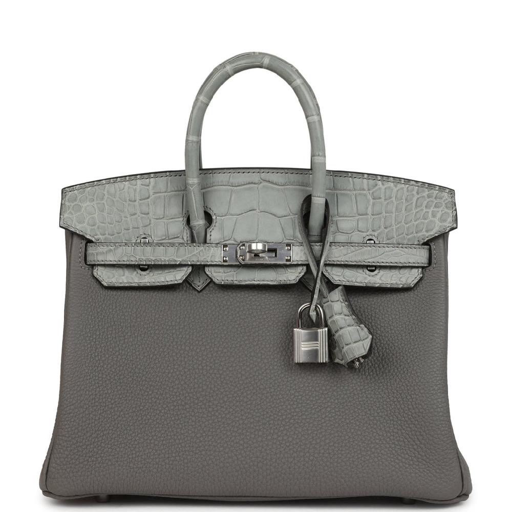 Hermes Birkin 25 Gris Meyer Togo and Gris Ciment Matte Alligator Touch Palladium Hardware
