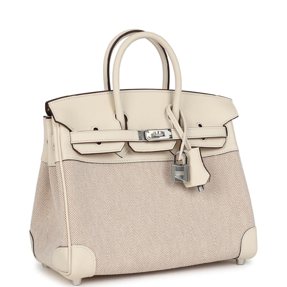 Hermes Birkin 25 Nata Swift And Ecru-Beige Toile H Canvas Palladium Hardware