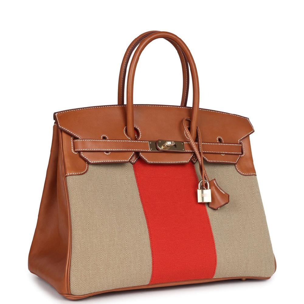 Hermes Birkin 35 Flag Ficelle And Paprika Toile H And Fauve Barenia Permabrass Hardware