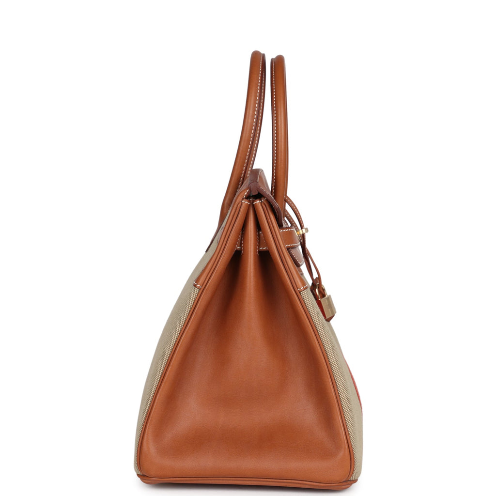 Hermes Birkin 35 Flag Ficelle And Paprika Toile H And Fauve Barenia Permabrass Hardware