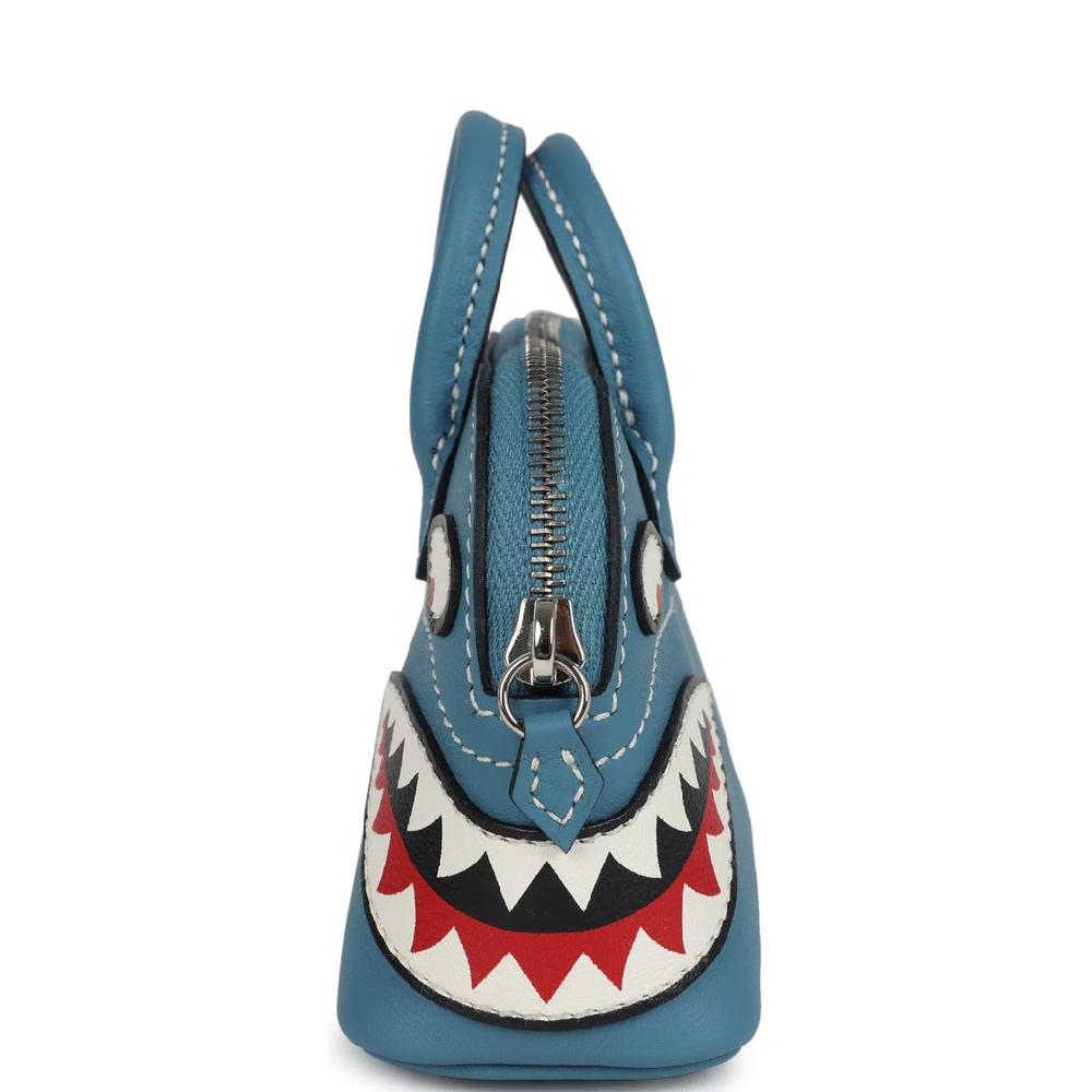 Hermes Bolide Shark Bag Charm Blue Jean Black And White Swift Palladium Hardware