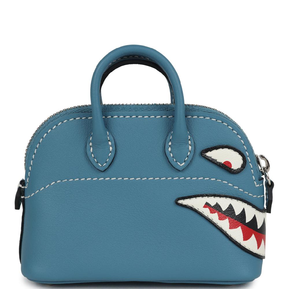Hermes Bolide Shark Bag Charm Blue Jean Black And White Swift Palladium Hardware