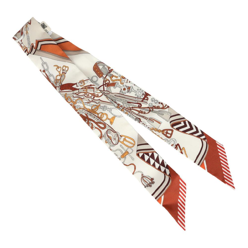 Hermes "Bouquets Sellier" Blanc Alezan And Etoupe Multi Silk Twilly Pair