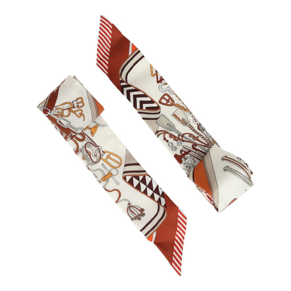 Hermes "Bouquets Sellier" Blanc Alezan And Etoupe Multi Silk Twilly Pair