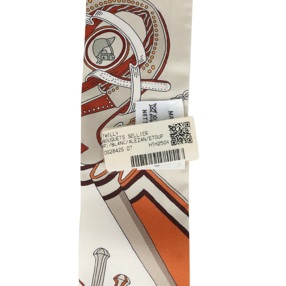 Hermes "Bouquets Sellier" Blanc Alezan And Etoupe Multi Silk Twilly Pair
