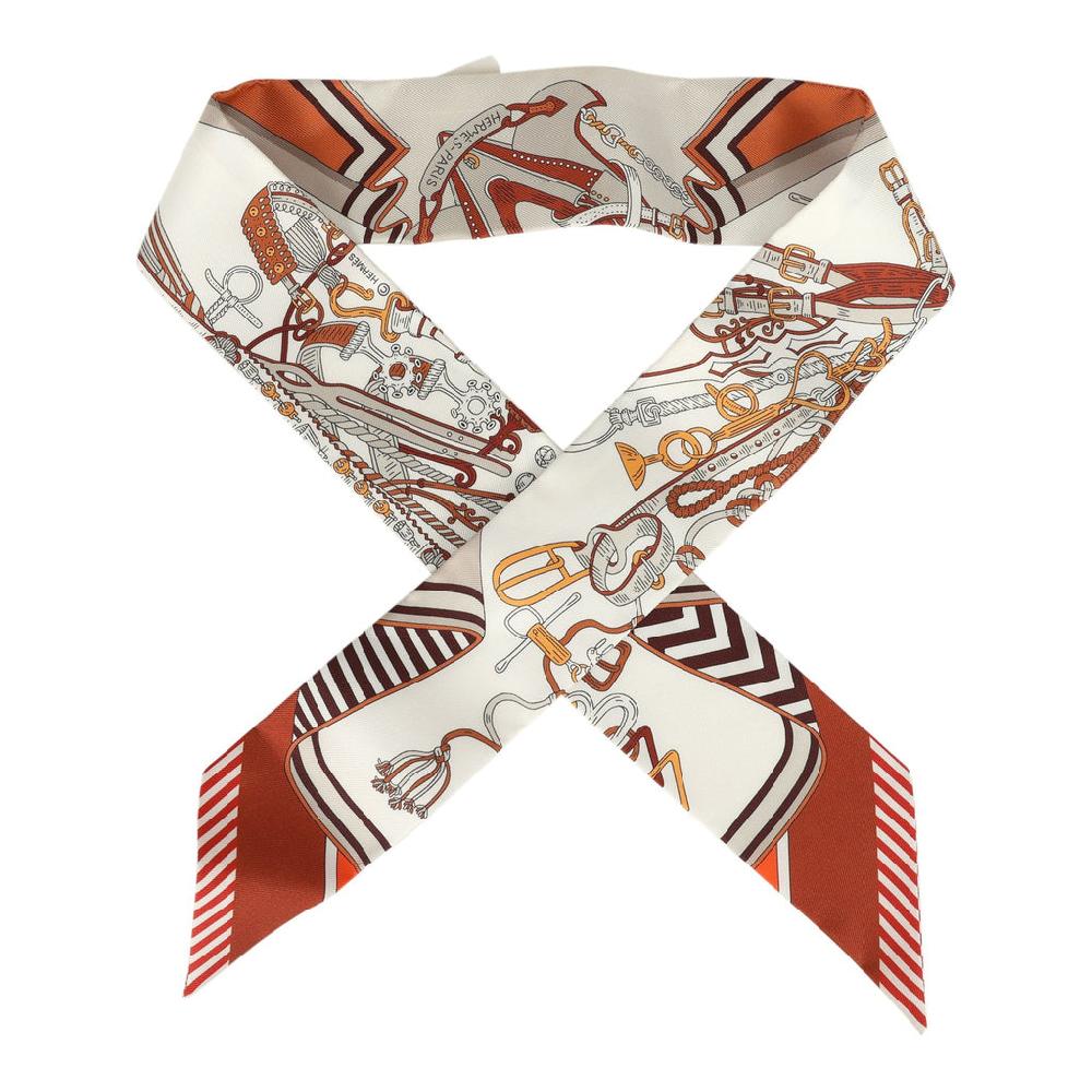 Hermes "Bouquets Sellier" Blanc Alezan and Etoupe Multi Silk Twilly Pair