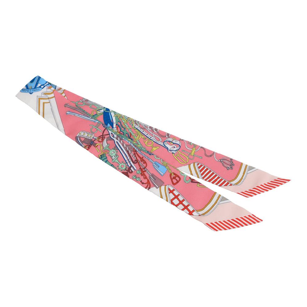 Hermes "Bouquets Sellier" Rose Bleu And Rouge Multi Silk Twilly