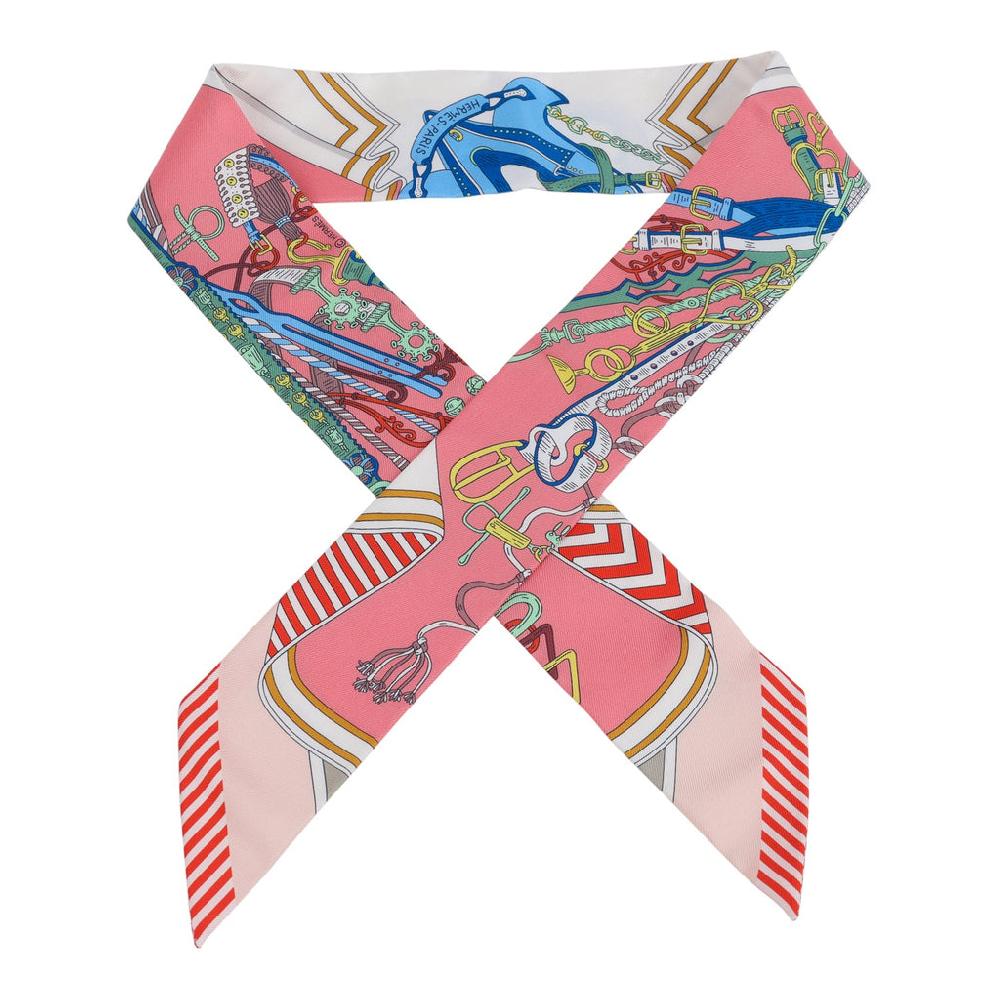 Hermes "Bouquets Sellier" Rose Bleu and Rouge Multi Silk Twilly