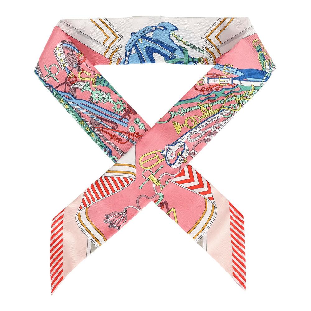 Hermes "Bouquets Sellier" Rose Bleu and Rouge Multi Silk Twilly