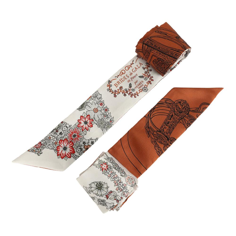 Hermes "Brides De Gala En Fleur" Cuir Multi Silk Twilly Pair
