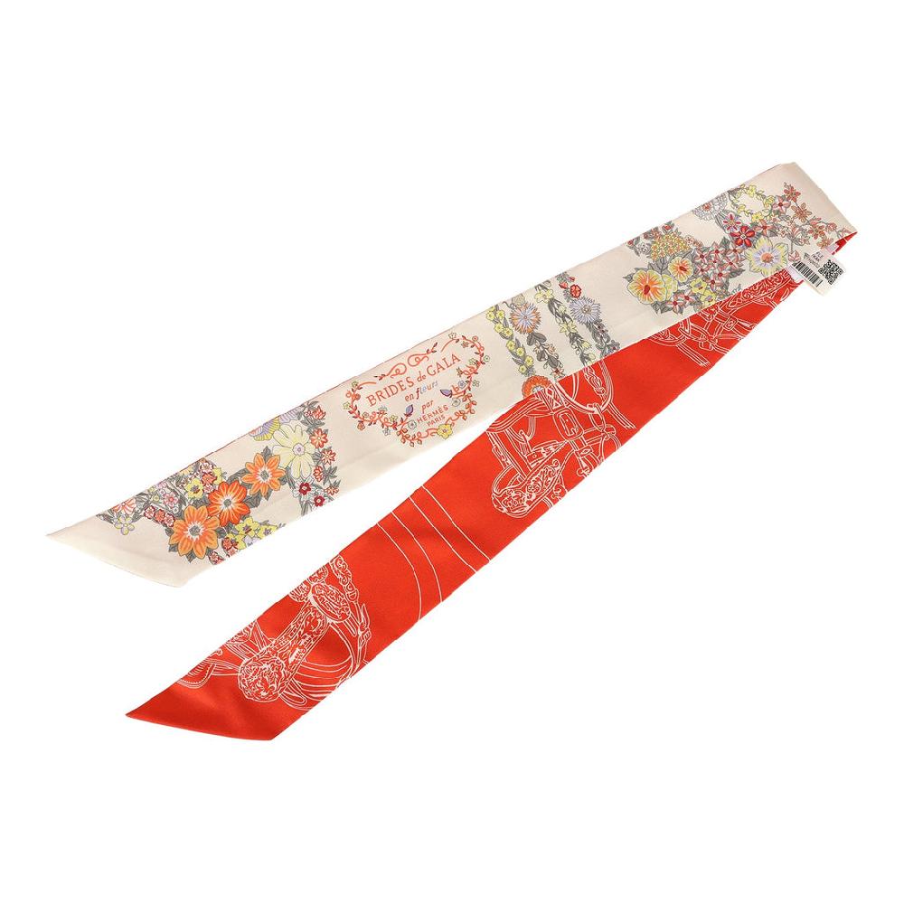 Hermes "Brides De Gala En Fleur" Vanille Orange And Kaki Multi Silk Twilly Pair