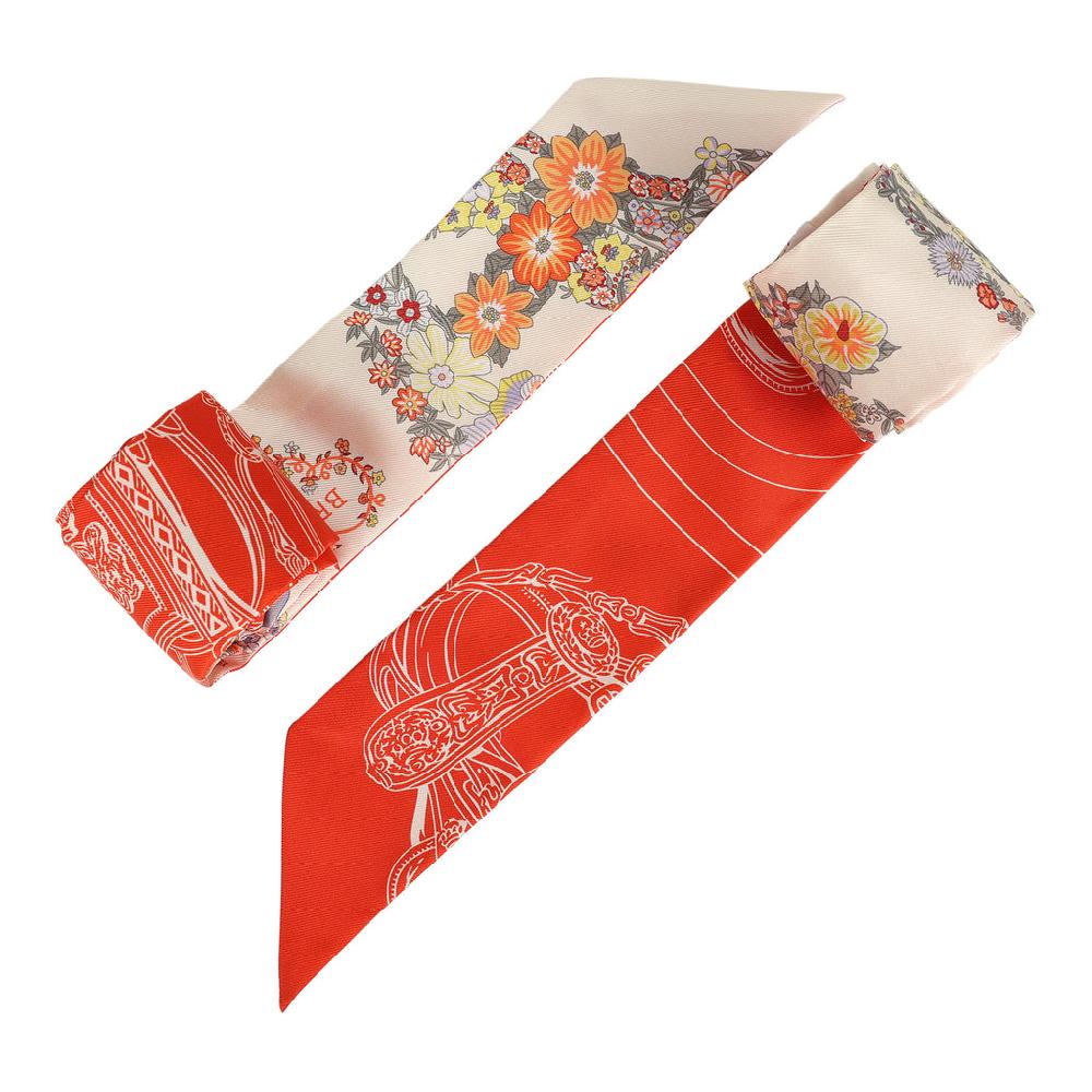 Hermes "Brides De Gala En Fleur" Vanille Orange And Kaki Multi Silk Twilly Pair