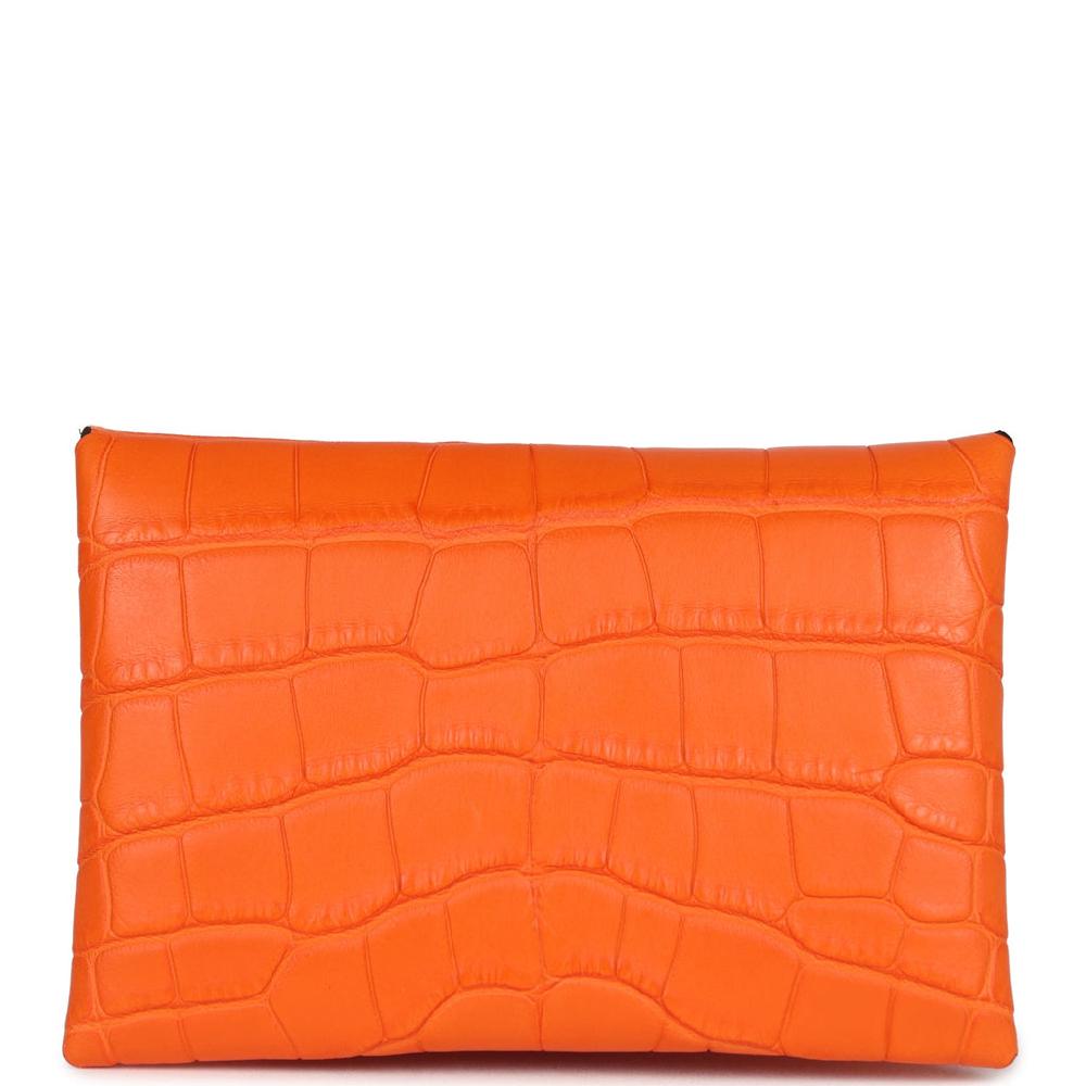 Hermes Calvi Card Holder Orange Minium Matte Alligator Mississipiensis Palladium Hardware