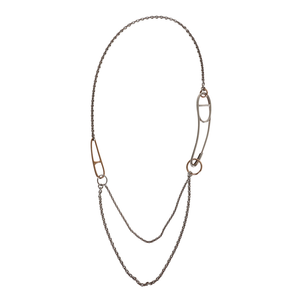Hermes Chain D'ancre Punk Long Double Necklace Silver and Rose Gold