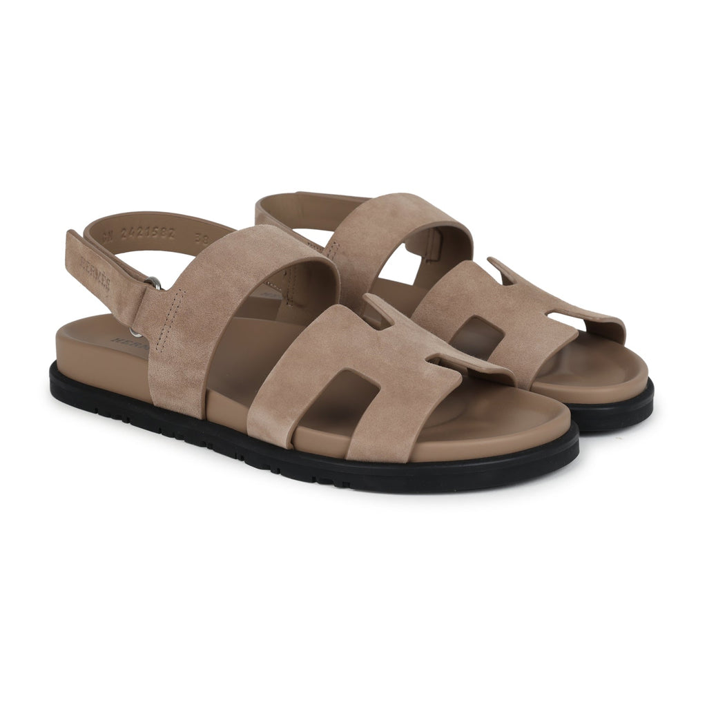 Hermes Chypre Genius Sandals Beige Lin Suede Palladium Hardware 38 EU