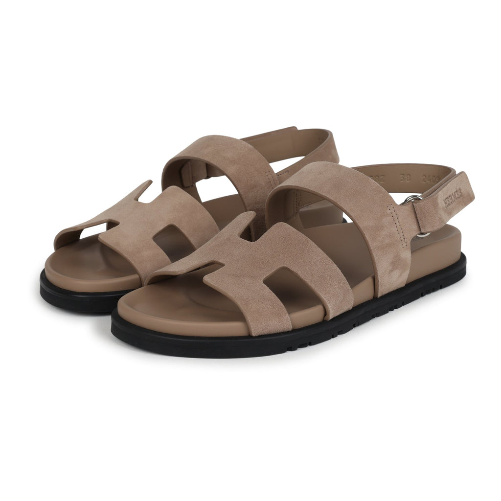 Hermes Chypre Genius Sandals Beige Lin Suede Palladium Hardware 38 EU