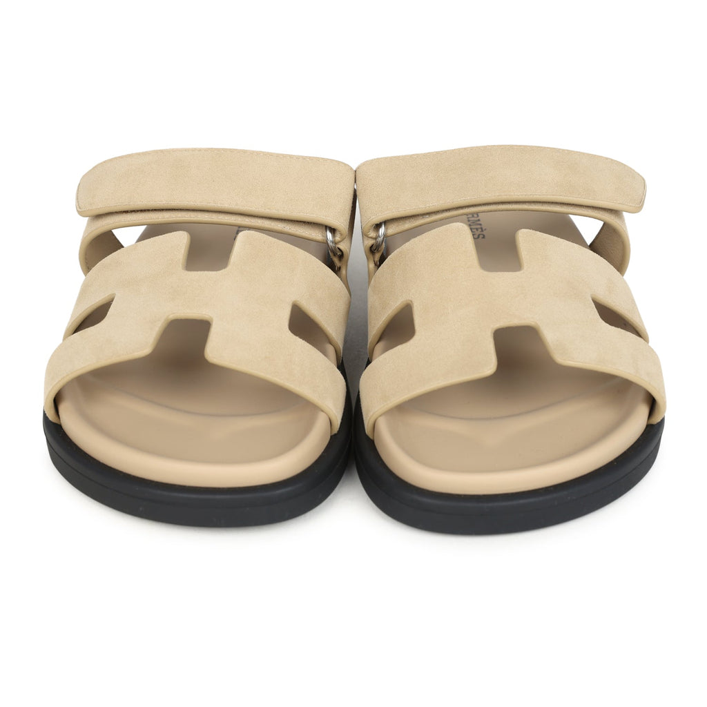 Hermes Chypre Techno Sandals Beige Lin Suede Palladium Hardware 35 EU