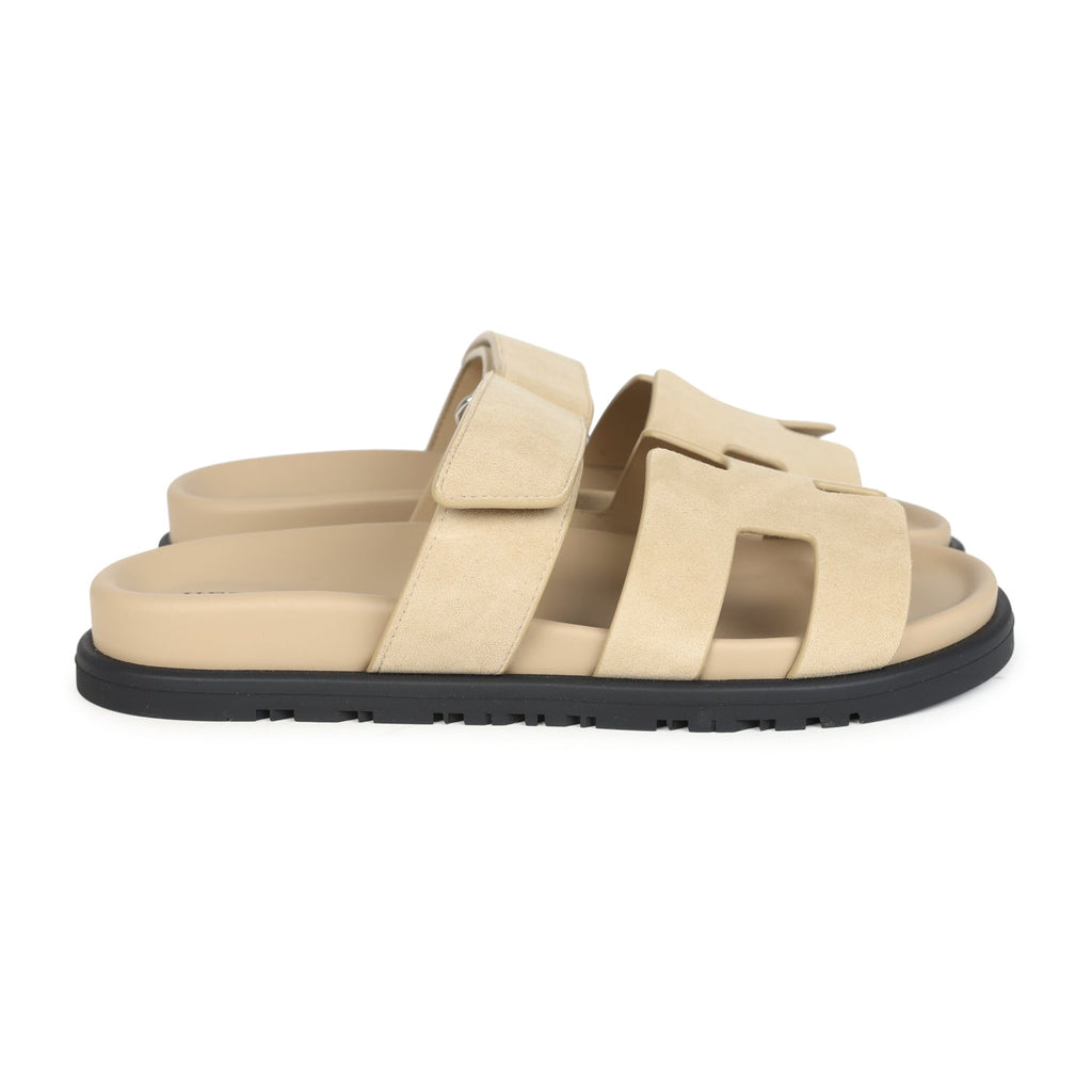 Hermes Chypre Techno Sandals Beige Lin Suede Palladium Hardware 35 EU