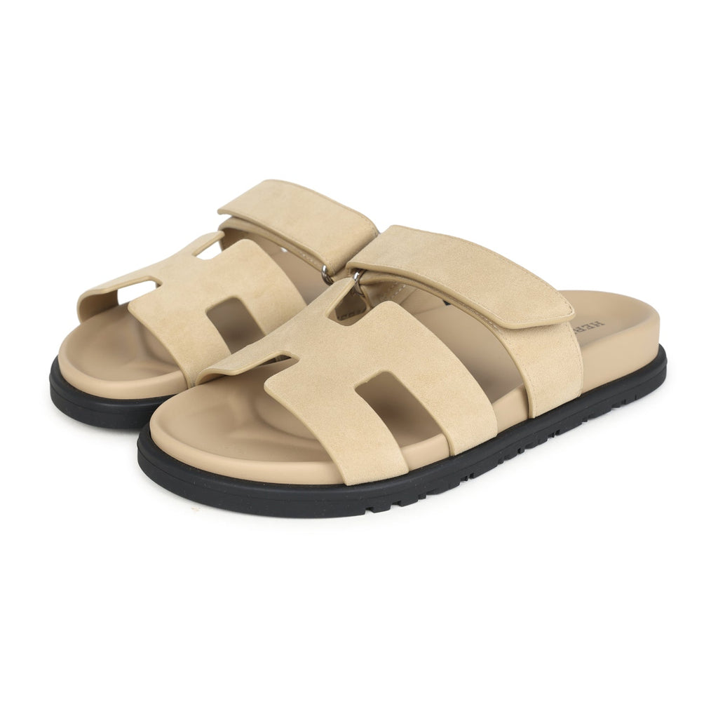 Hermes Chypre Techno Sandals Beige Lin Suede Palladium Hardware 35 EU