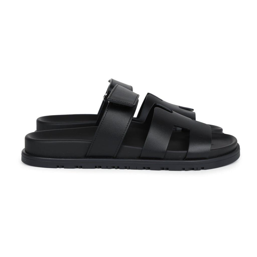 Hermes Chypre Techno Sandals Black Calfskin Palladium Hardware 37 EU