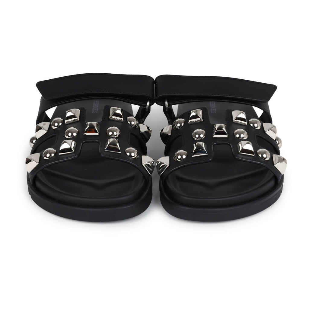 Hermes Chypre Techno Sandals Black Studded Calfskin Palladium Hardware 37.5 EU