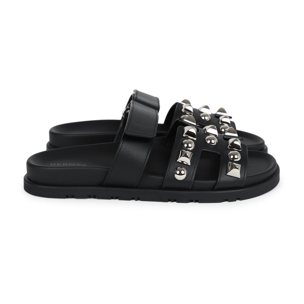 Hermes Chypre Techno Sandals Black Studded Calfskin Palladium Hardware 37.5 EU