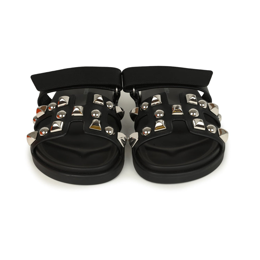 Hermes Chypre Techno Sandals Black Studded Calfskin Palladium Hardware 38 EU