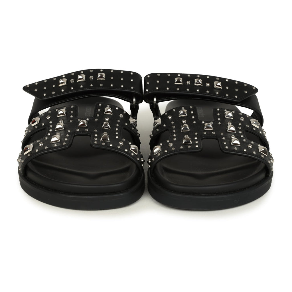 Hermes Chypre Techno Sandals Black Studded Calfskin Palladium Hardware 38 EU