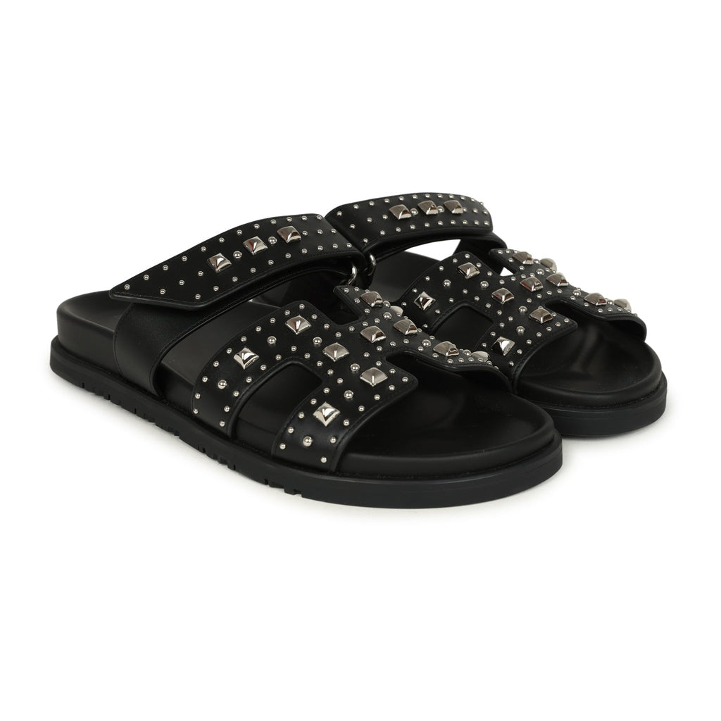 Hermes Chypre Techno Sandals Black Studded Calfskin Palladium Hardware 38 EU