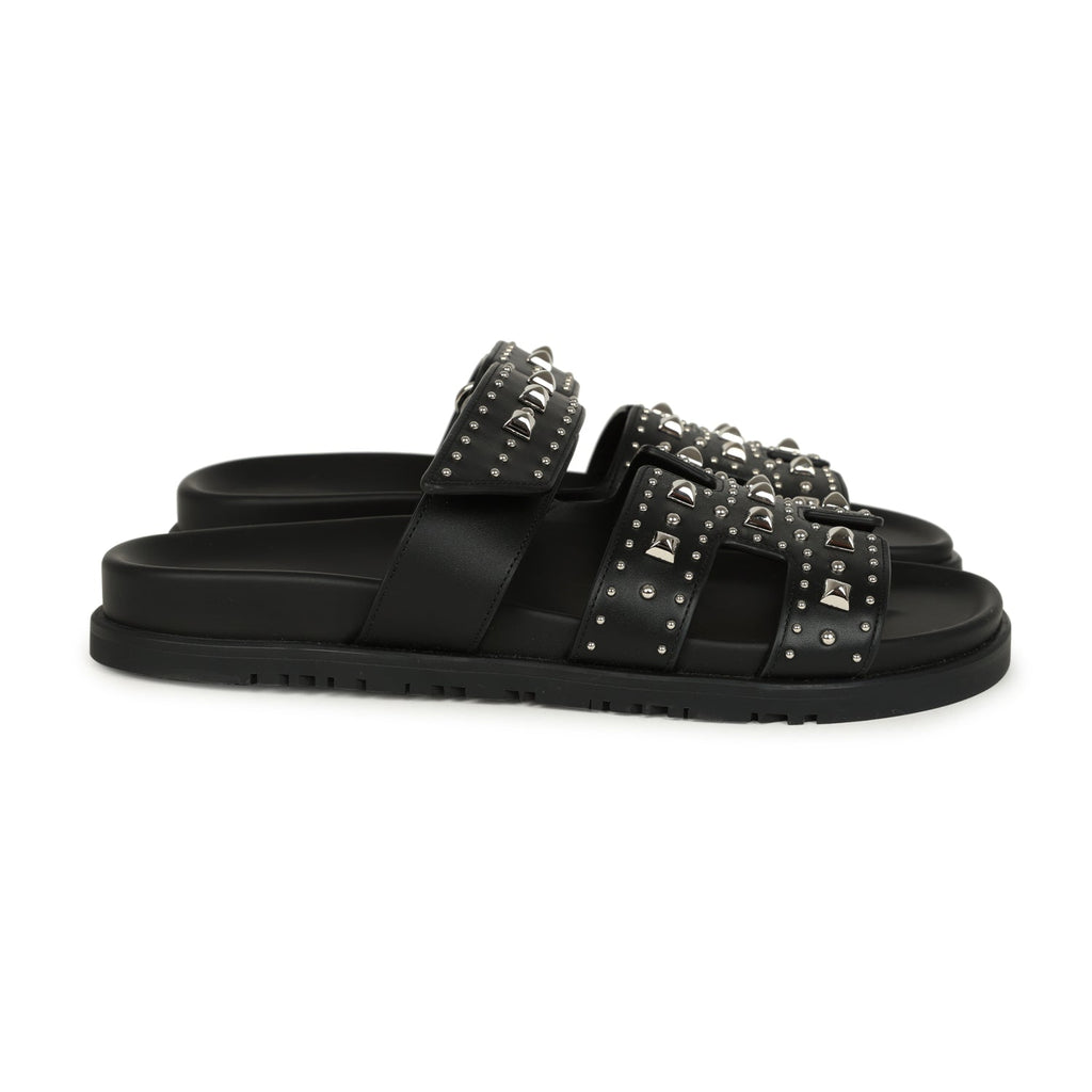 Hermes Chypre Techno Sandals Black Studded Calfskin Palladium Hardware 38 EU