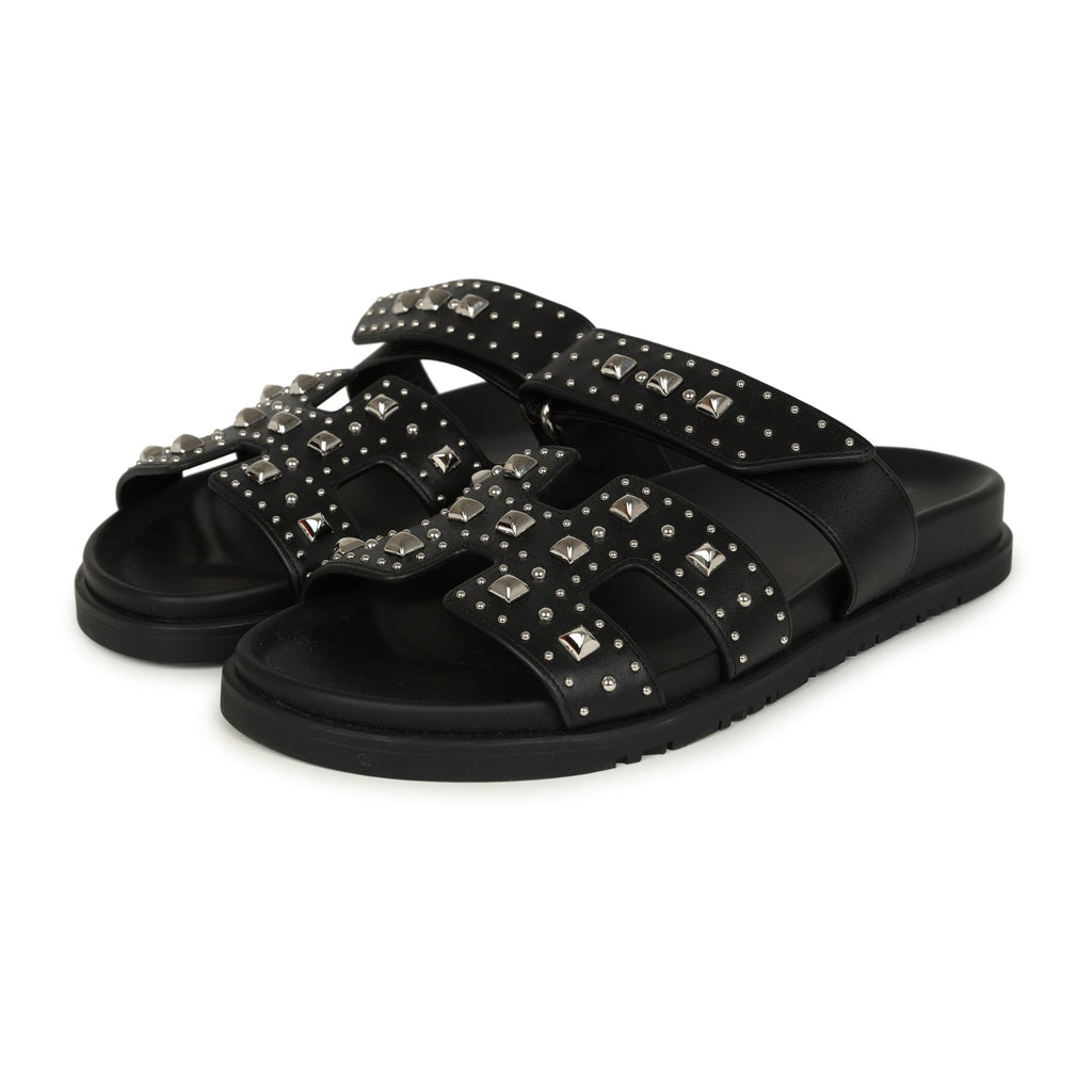 Hermes Chypre Techno Sandals Black Studded Calfskin Palladium Hardware 38 EU