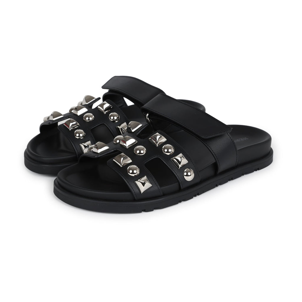 Hermes Chypre Techno Sandals Black Studded Calfskin Palladium Hardware 37.5 EU