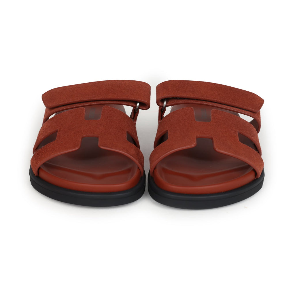Hermes Chypre Techno Sandals Maroon Muscavado Suede Palladium Hardware 38.5 EU
