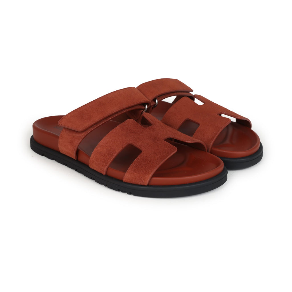 Hermes Chypre Techno Sandals Maroon Muscavado Suede Palladium Hardware 38.5 EU