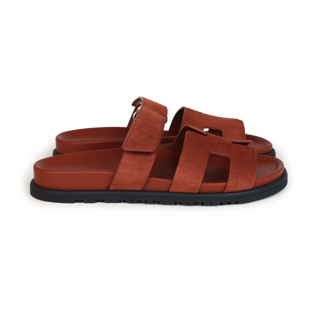 Hermes Chypre Techno Sandals Maroon Muscavado Suede Palladium Hardware 38.5 EU