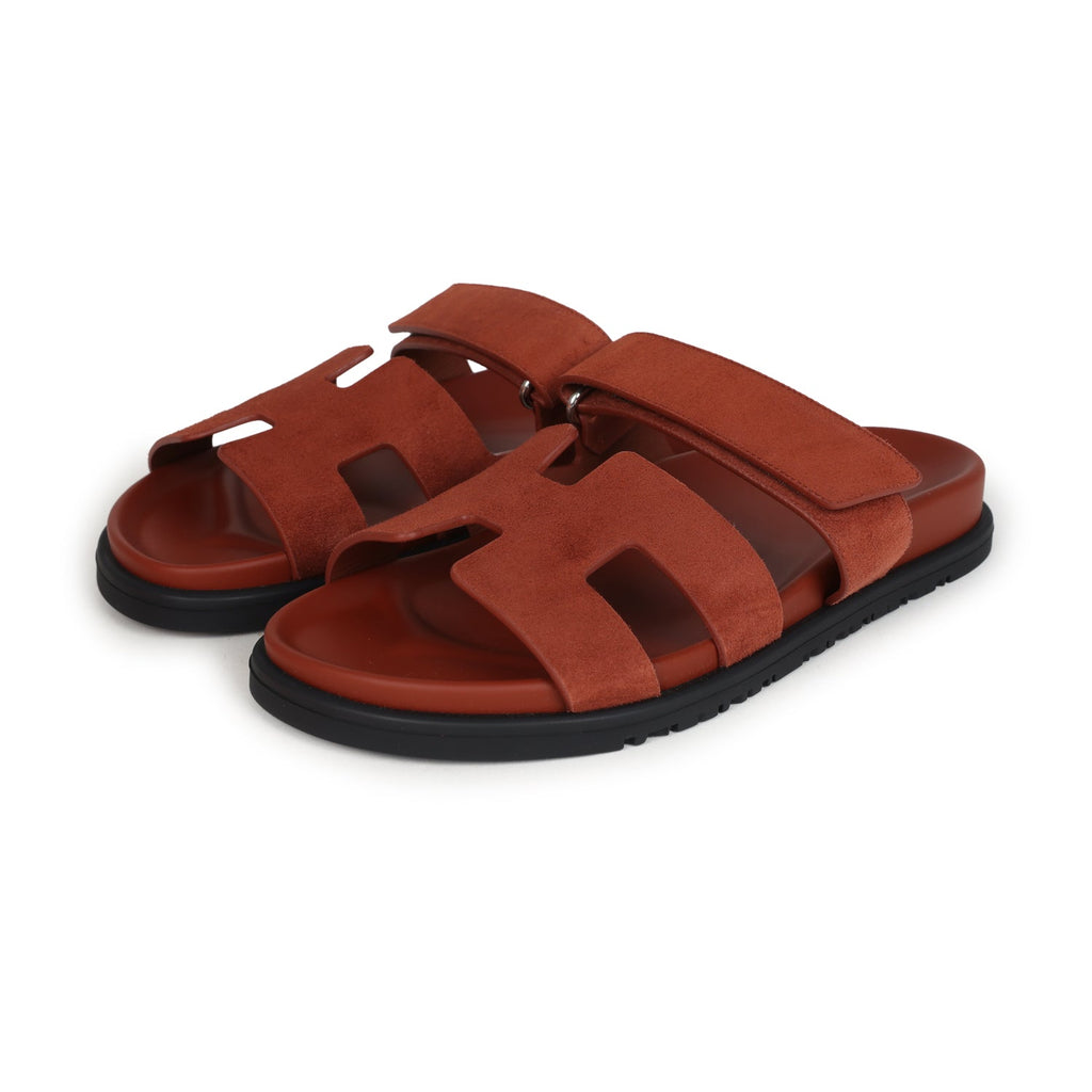 Hermes Chypre Techno Sandals Maroon Muscavado Suede Palladium Hardware 38.5 EU
